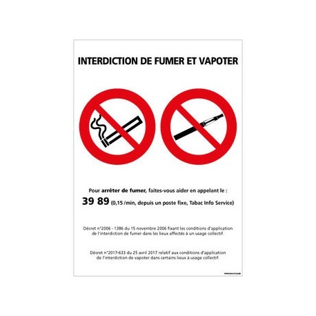 PANNEAU INTERDICTION DE FUMER ET VAPOTER en PVC 150 x 210 mm